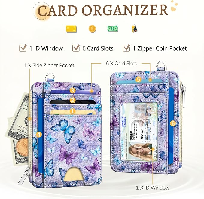 Kelvoris Credit Card Holder Small Wallet Women, Slim RFID, Butterfly | Keychain, Zipper Coin Pocket, Front Pocket Thin Travel Card Case, Minimalist, 6 Card Slots, 1 ID Window, Ladies Gifts Woman