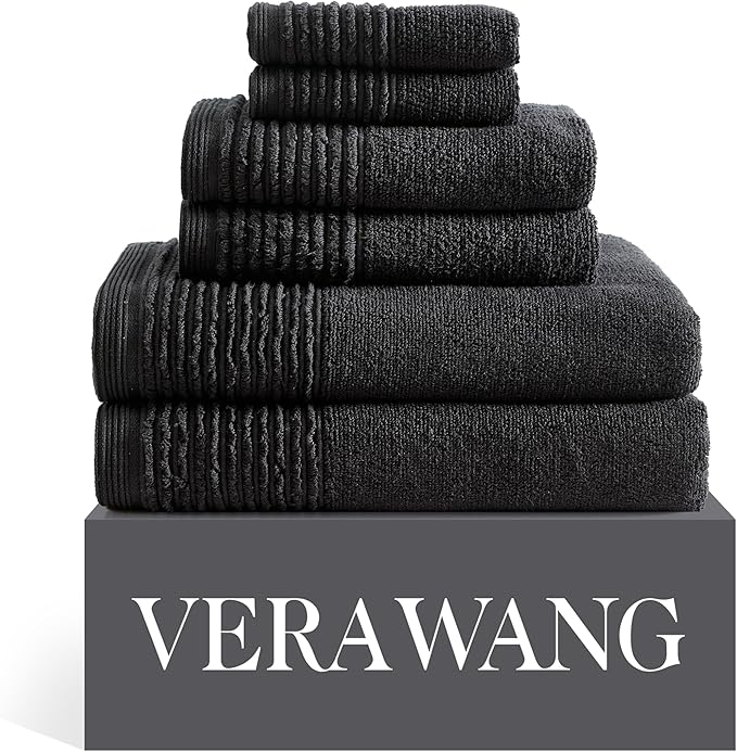 Vera Wang - Bath Towels, Highly Absorbent & Super Soft Bathroom Essentials, Oeko-Tex Certified (Sculpted Pleat Black, 6-Piece) (Pack of 6)