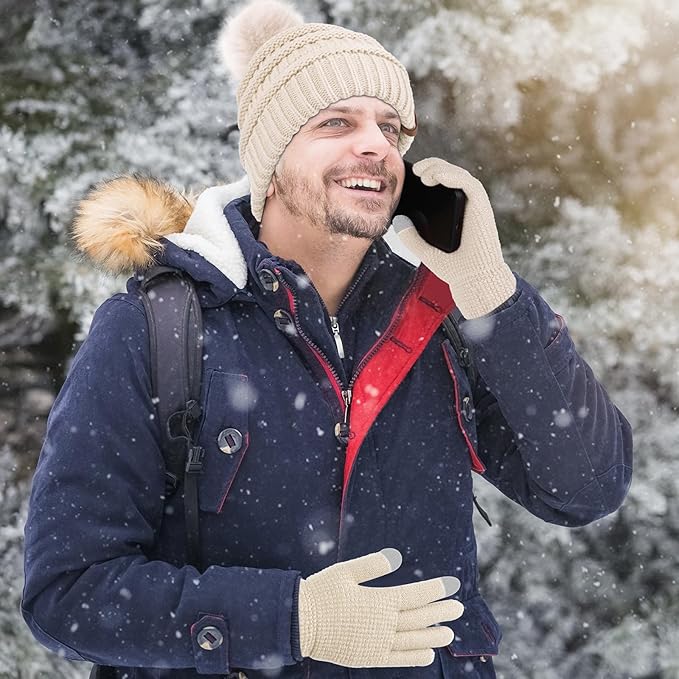 Aneco Womens Winter Warm Sets Knitted Fur Pompoms Beanie Hat Circle Loop Scarf Touch Screen Gloves Winter Favor Accessories