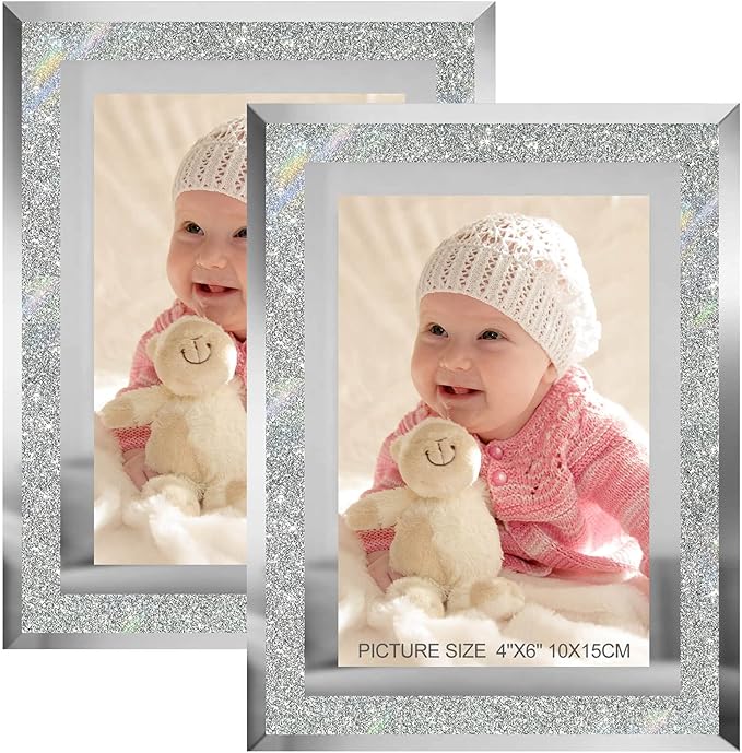 4x6 Picture Frames Silver - Set of 2, Sparkle Real Glass 4 by 6 Photo Frame Mirrored Edge Great Gift, for Tabletop Display, Wedding Birthday Christmas Day Gifts (4 x 6, Glitter Silver)