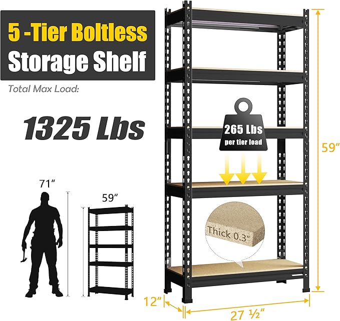 PrimeZone Storage Shelves 5 Tier Adjustable Garage Storage Shelving, Heavy Duty Metal Storage Utility Rack Organizer Shelf Unit for Warehouse Pantry Closet Kitchen Basement, 28" x 12" x 59", Black