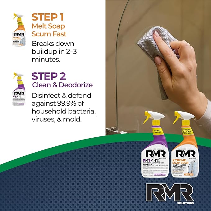 RMR Polish & Protect Bundle – Xtreme Soap Scum Remover + RMR-141 EPA Registered Mold & Mildew Spray, 2-Step Clean & Disinfect System for Buildup, Hard Water, Tile, Surfaces, Glass, 2–32 Oz Bottles