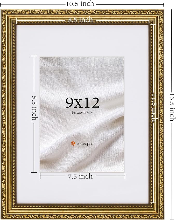 eletecpro 9x12 Picture Frames Set of 4, Vintage Gold 9 x 12 Photo Frames with Glass, Display 6x8 Photo with Mat or 9x12 without Mat for Tabletop or Wall Decor, Gold