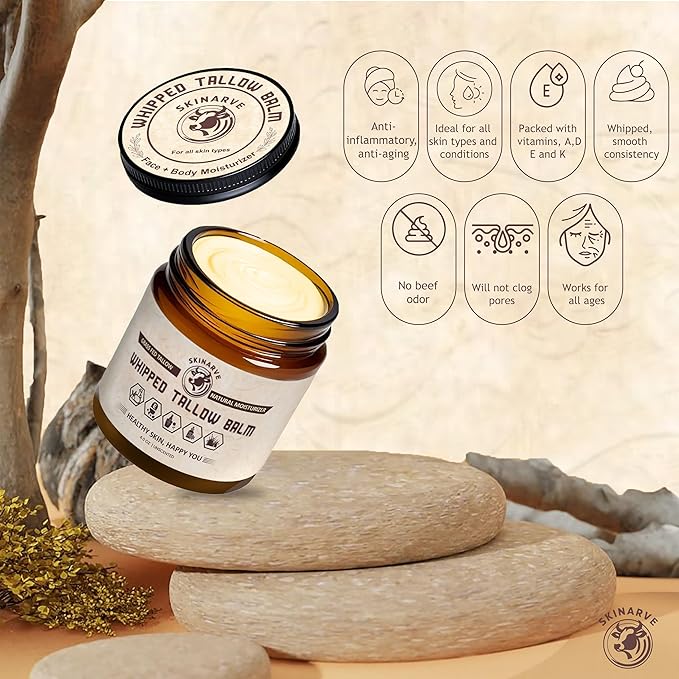 Beef Tallow for Skin 4oz Unscented, Organic Whipped beef Tallow and Honey Balm, 100% Grass Fed Beef Tallow Face Moisturizer For Dry Skin, Lip balm, Eczema Natural Tallow Moisturizer Lotion Body Butter