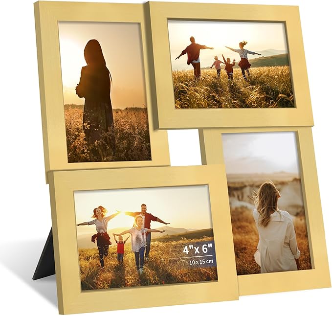 4x6 Collage Picture Frame,4 Photo Frame with Real Glass,Family Picture Frame Collage Wall Hanging or Tabletop Display,Gold