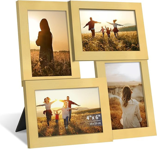 4x6 Collage Picture Frame,4 Photo Frame with Real Glass,Family Picture Frame Collage Wall Hanging or Tabletop Display,Gold