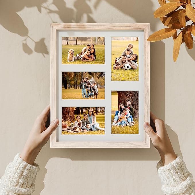 Vittanly 11x14 Collage Picture Frame, Displays 5Pcs 4x6 Pictures with Mat or 1Pcs 11x14 without Mat for Wall Mounting, Picture Frames Collage Wall Decor in Nature Wood, 1 Pack