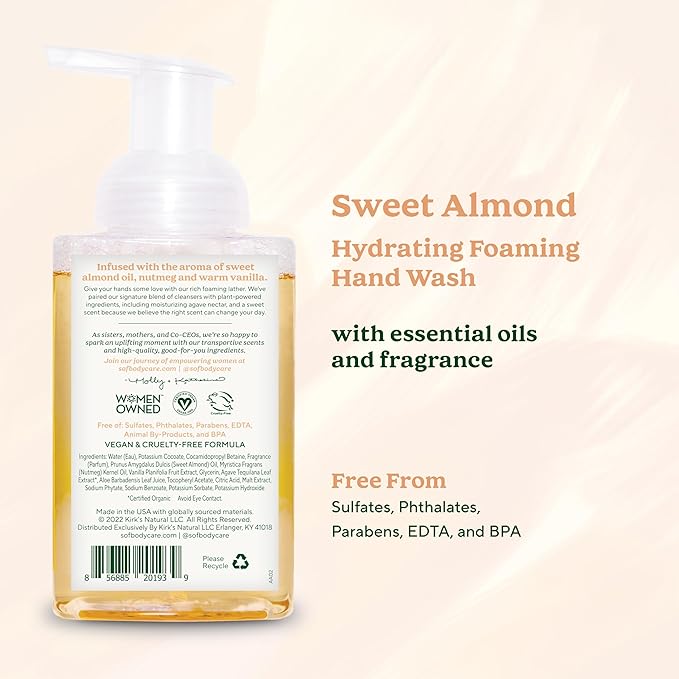 SoF Hydrating Foaming Hand Wash - With Organic Agave Nectar & Coconut Oil- Vegan & Non GMO- Free From Phthalates, Sulfates & Parabens- Sweet Almond - 8 oz Bottle 3 Pack