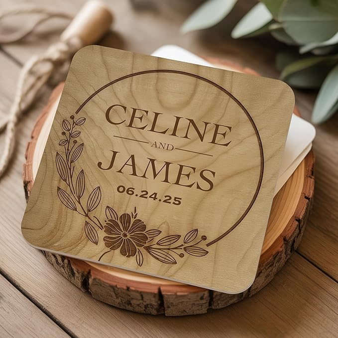 40 Pack Personalized Wedding Coasters, Custom Cardboard Coasters for Drinks with Photo Print and Text, Keepsake Wedding Favors and Gifts for Couples, 4x4 Square, Design 2