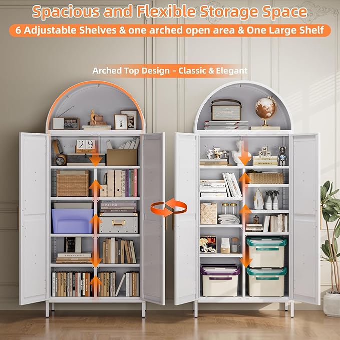 Arched Kitchen Pantry Cabinet with 6 Adjustable Shelves, Metal White Arched Cabinet with 2 Doors for Kitchen,Living Room, Assemble Required,15.4" D x 30.7" W x 72.8" H