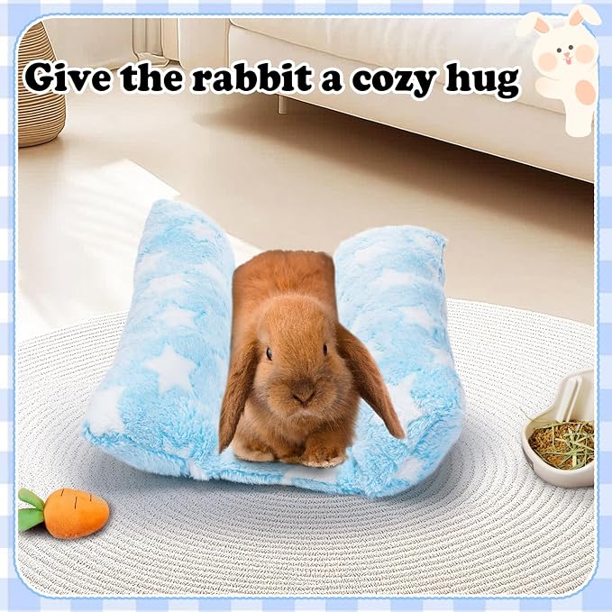 MEWTOGO 15.7" x 14" Bunny Bed for Rabbit Cage, Thickened & Soft | Prevent Sore Hocks Plush Mat with Cotton Lounger Pillows, Small Animal Flop Mat for Hutch Sleeping Indoor, Light Blue-Star