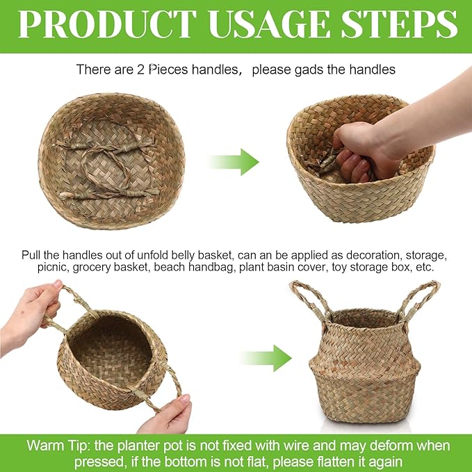 Qunclay 4 Pcs Woven Seagrass Baskets Belly Basket Folding Boho Natural Plant Pot with Handles Round Decorative Wicker Large Indoor Planter for Home Outdoor Tree Planters Decor (5.5 x 6.3 Inch)