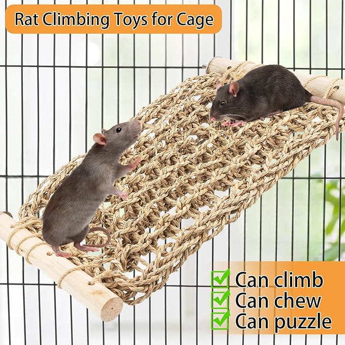 Rat Climbing Toys for Cage, Chewable Natural Hand-Woven Net Seagrass Mat, Cage Ladder Perch for Rats, Rat Ladder Bridge Toy with Mild Grassy Scent, Rodent Hammock Cage Accessories