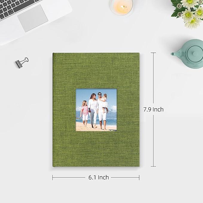 Mublalbum 2 Pack Small 5x7 Photo Album Linen Cover with Display Window Mini Picture Book Each Holds 52 Vertical Pockets for Artwork Postcards or Pictures Storage (Green)