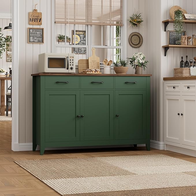 HORSTORS 47" Buffet Cabinet with Storage, Kitchen Buffet Table with Drawers, Modern Farmhouse Coffee Bar Storage Cabinet with Adjustable Shelf, Wood Sideboard for Dining Room, Kitchen, Entryway, Green