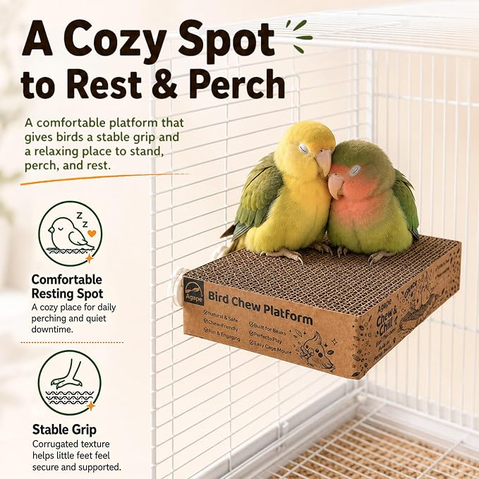 Agape Shreddable Bird Cardboard Platform, Natural Parrot Chew Toy and Perch | Safe Cage Mounted Paper Toy Accessory for Budgies, Lovebirds, Quakers, Cockatiels & Conures, Supports Beak & Foot Health