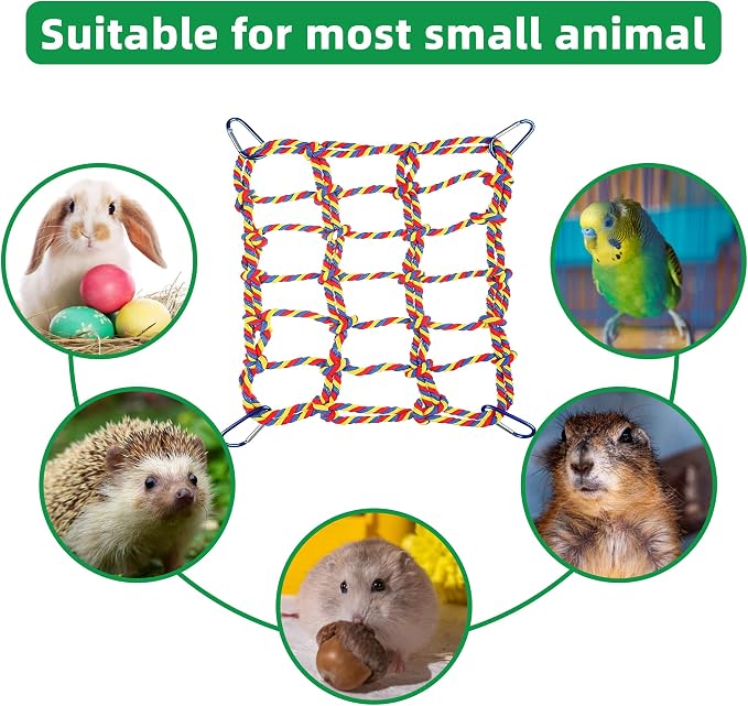 2 Pcs Rat Climbing Ropes for Cage Accessories - Bird Rope Rat Toys - 12.6 x 9.84 inch Hammock - Cotton Rope Bridge - Bird Ladder with 4 Silver Hooks