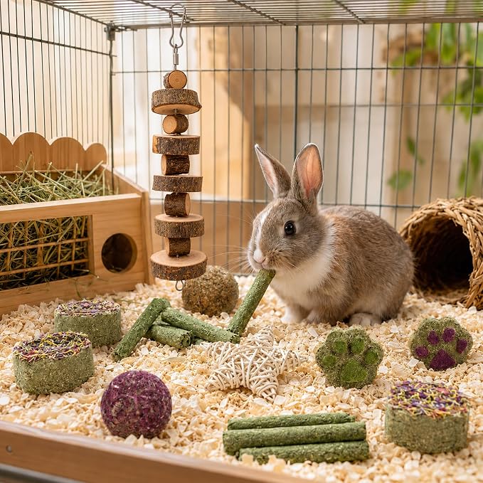Grddaef Rabbit Toys, Guinea Pig Toys 17Pcs Natural Timothy Hay Bunny Chews and Treats for Hamster Chinchilla Gerbil