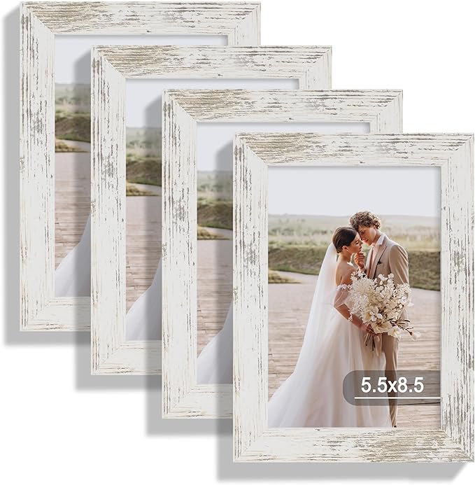 5.5x8.5 Picture Frame Set of 4, Made of Real Glass and Distressed White Frame, 5.5 by 8.5 Photo for Wall or Tabletop