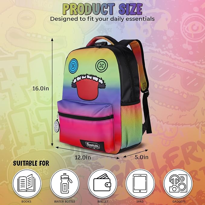 AI ACCESSORY INNOVATIONS Fuggler Backpack with Big Face Oogah Boogah Character, Rainbow Gradient, 16 Inch, Polyester, 3 Pockets, Adjustable Straps, for Kids Ages 5-12