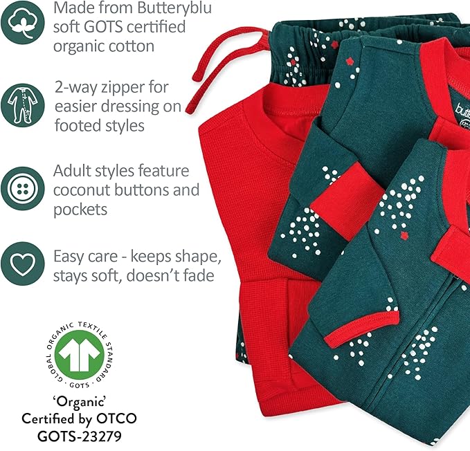 JAMIE Matching Family Jammies Holiday Pajamas 100% Organic Cotton PJs Adults, Kids, Toddlers, Baby, Pets