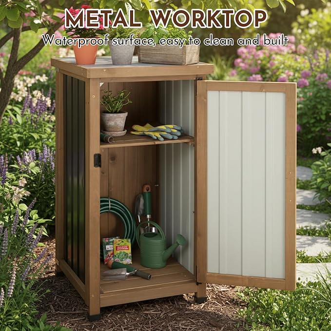 Ketive Outdoor Storage Cabinet with Metal Worktop, Small Garden Storage Cabinet with Adjustable Shelf, Weather-Resistant Fir Wood Tool Organizer for Patio, Backyard, Porch or Balcony