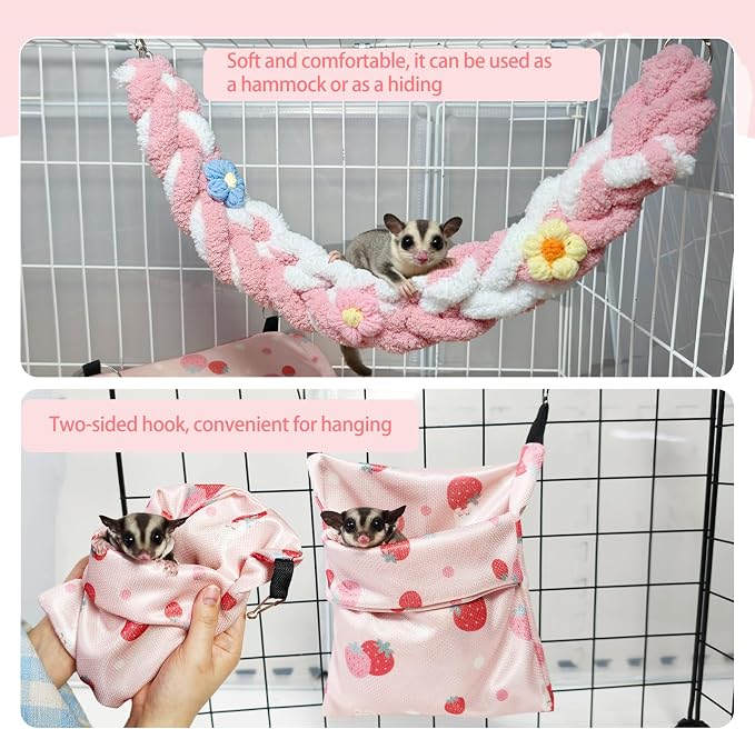 Hamiledyi Rat Hammock Sugar Glider Climbing Ropes Toys Rat Hanging Tunnel Hammock Swing Squirrel Hideout Bed Cage Accessories for Ferret Mouse Hamster Small Animals (Pink)