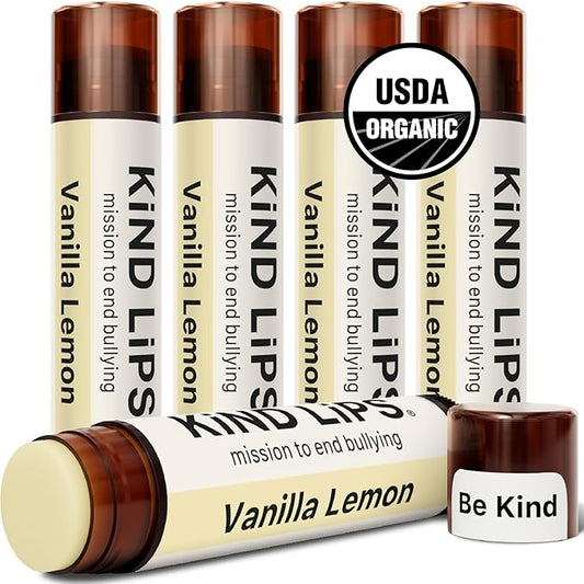 Kind Lips Organic Vanilla Lemon Lip Balm 5-Pack – Refreshing & Comforting Lip Care for Dry, Chapped Lips • 100% Natural, Clean, Gluten-Free, Grain-Free • Made in USA • Family Value chap stick Set