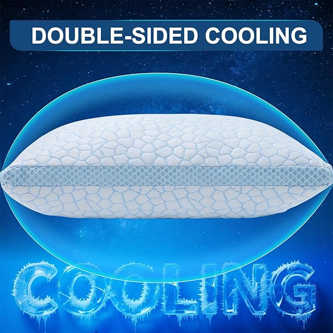 QUTOOL Enhanced Cooling Pillows for Sleeping, CertiPUR-US Shredded Memory Foam Pillows Standard Size Set of 2 for Hot Sleeper, Adjustable Pillow for Side, Back, Stomach Sleepers Support Yet Soft, Blue