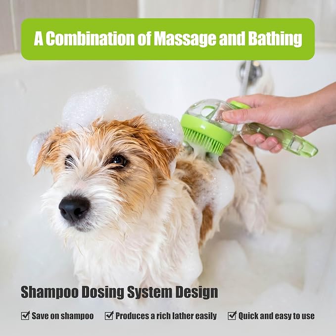 5PC pet grooming bath brush set - silicone massage brush with shampoo dispenser - suitable for dogs and cats for bathing, removing loose hair, and oral cleaning (green)