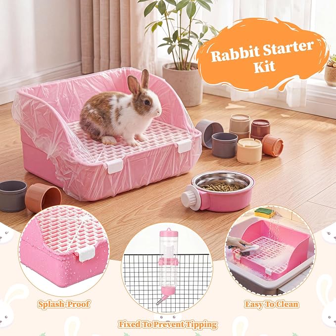 34 Pcs Rabbit Starter Kit Rabbit Litter Box Small Animal Water Bottle Cups Bunny Tunnels Animal Grooming Kit Bowl Blanket with Cleaning Set for Guinea Pig Bunny(Style 3,Sakura Pink)