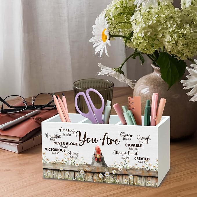 DILSJ Inspirational Chicken Pen Pencil Holder Organizer for Desk, Chicken Lovers Gifts for Women, Be Kind Be Brave Decor Wooden Box Signs for Home Office Desk Decoration Office & School Supplies