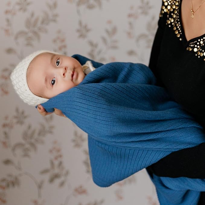 Organic Ribbed Swaddle Blanket for Boys & Girls - 100% Luxury Organic Soft Cotton Knit Warm Cozy Cuddle Stroller Blanket for Newborns, Infants, & Toddlers (Denim Blue)