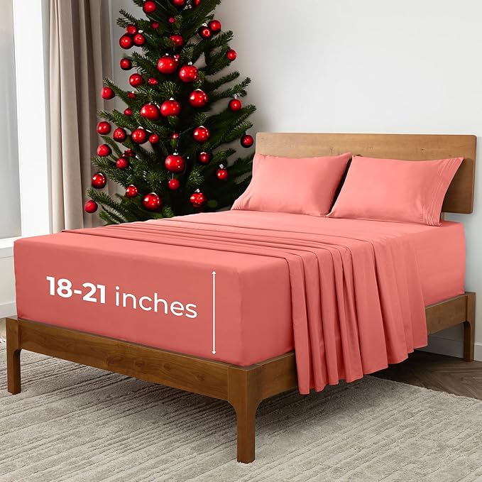 Mellanni Extra Deep Queen Sheets - 4 PC Iconic Collection Bedding - Hotel Luxury, Ultra Soft, Cooling Bed Sheets - Wrinkle, Fade, Stain Resistant (Queen, Coral)