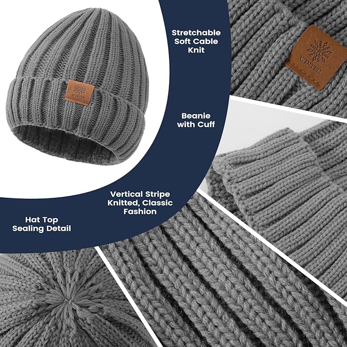 Women Winter Hat Beanie+Long Scarf+Touch Screen Gloves Set, Warm Clothes Set with Knit Fleece Lined for Women/Men Winter