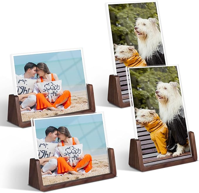 4x6 picture frames, Solid Rustic Wooden Photo Frames with Walnut Wood Base and High Definition Acrylic Glass Covers - 4 Pack for Tabletop or Desktop Display (4x6 inch, 4 Pack)