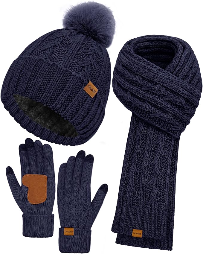 Womens Winter Beanie Hat Scarf Gloves Set, Fleece Lined Knitted Hat with Pompom Long Scarf Touchscreen Mittens for Women Men