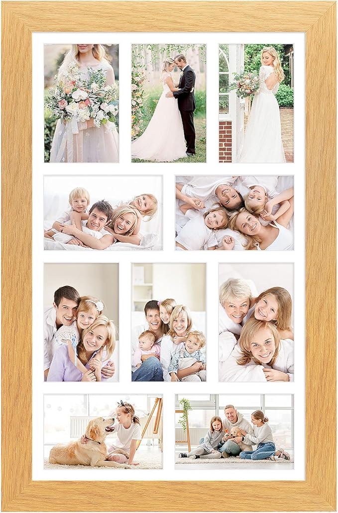 13x21 Picture Frame Display 10 opening 4X6 Picture Frame Collage,Multi Photo Frame with Mat,Plexiglass,Wall Mount Decor,Natural Wood Grain