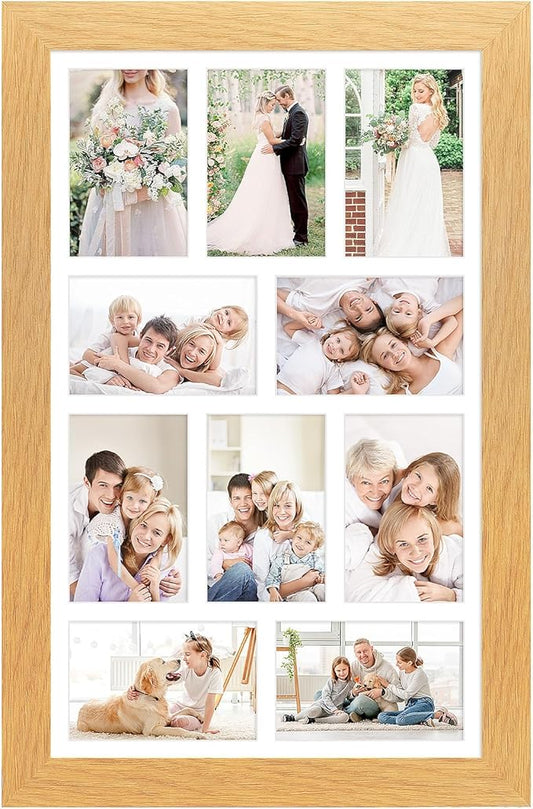 13x21 Picture Frame Display 10 opening 4X6 Picture Frame Collage,Multi Photo Frame with Mat,Plexiglass,Wall Mount Decor,Natural Wood Grain