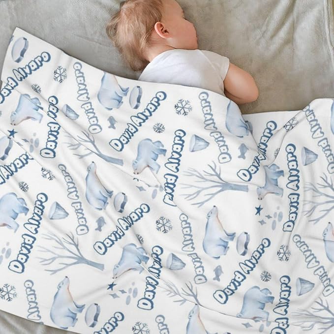 Ship Next Day Personalized Baby Blanket, Printed in USA - Custom Name Toddler Blanket with Polar Bears Pattern, Personalized