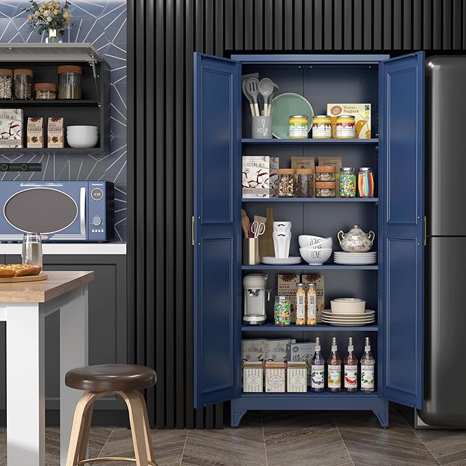 Kitchen Pantry Cabinet,75”Blue Metal Storage Cabinets with Doors and 4 Adjustable Shelves,Kitchen Cabinet with 2 Gold Handles,Tall Cabinet for Livingroom,Pantry, Bathroom