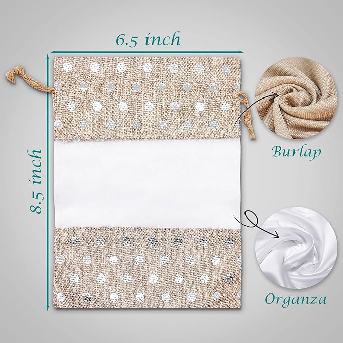 12-Pack Large Linen Burlap & Organza Gift Bags w. Drawstrings (6.5x8.5 in, Beige/Silver Polka) - Party Favors, Presents, Samples & Treats Mesh Pouch by The Display Guys