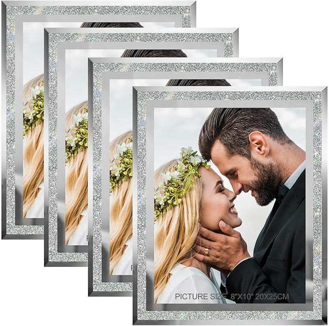 8x10 Picture Frames Silver - Set of 4, Sparkle Real Glass 8 by 10 Photo Frame Mirrored Edge Great Gift, for Tabletop Display, Wedding Birthday Christmas Day Gifts (8 x 10, Glitter Silver)
