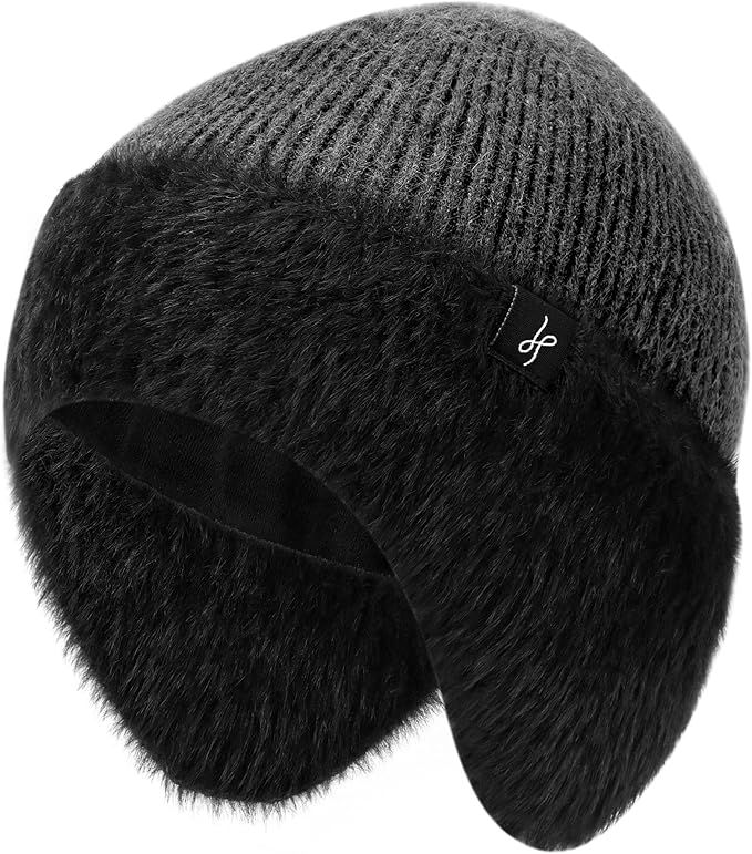 Winter Fleece-Lined Beanie with Earflaps, Warm Windproof Unisex Beanie Hat for Skiing, Hiking & Outdoor Winter Sports