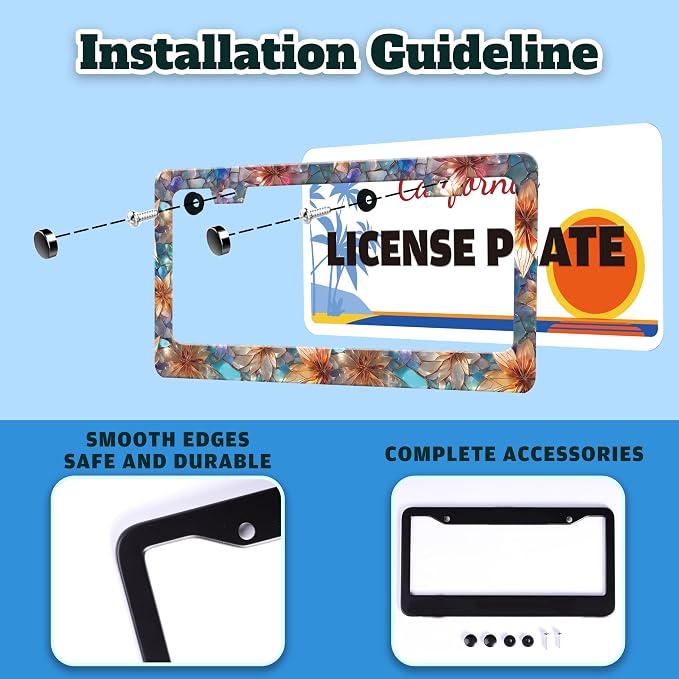 Beautiful Glass Flowers License Plate Frame Floral License Plate Holder | Stainless Steel For Front And Rear Car Tags Funny For Car Decoration Accessories With Screws 6.3 X 12.2 In For Women Men