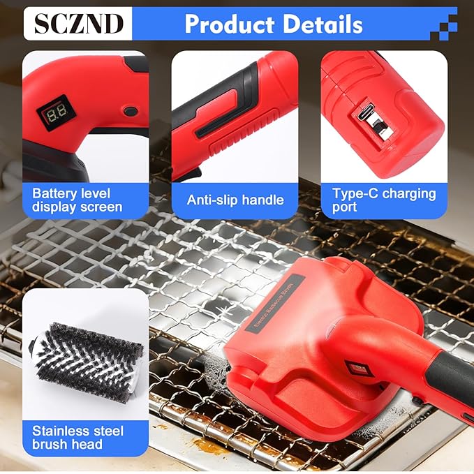 Upgraded Electric Grill Brush, Cordless Rechargeable BBQ Grill Cleaner with 2 Stainless Steel Head, 1 Cleaning Stone, IPX3 Waterproof, Safety Lock & LED Light for Outdoor Grill Grates