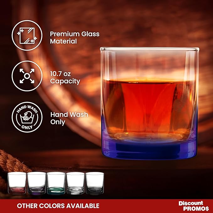 DISCOUNT PROMOS Lexington Rocks Whiskey Glass 10.5 oz, Set of 12, Bulk Pack - Perfect for Scotch, Bourbon, Whiskey, Cocktail - Blue