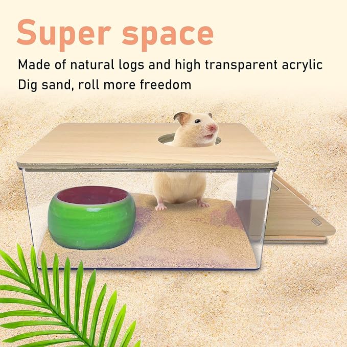 PINVNBY Hamster Sand Bath Box, Transparent Acrylic Sand Bath Shower, Gerbils Digging Room Container with Climbing Ladder and Ceramic Bowl, Litter Box for Hamsters Guinea Pigs Mice (Rectangle)
