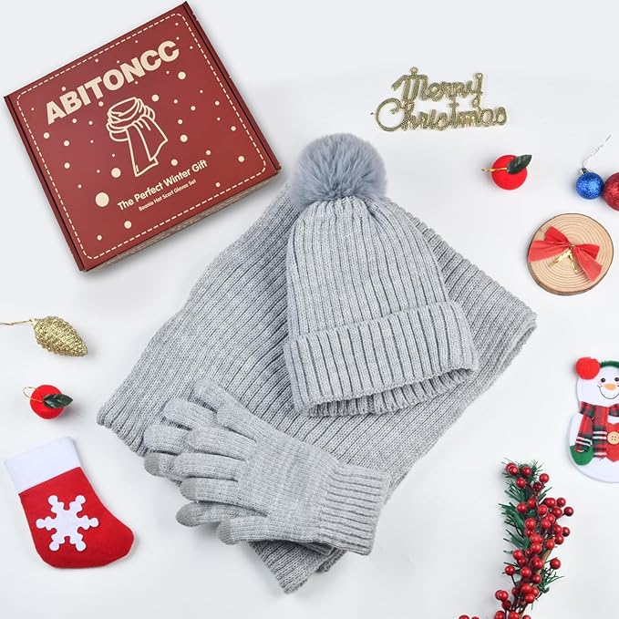 Winter Beanie Hat Scarf Gloves Set for Women, Fleece Knit Pompom Beanie Neck Warmer Long Scarf Touchscreen Gloves 3 in 1 Set