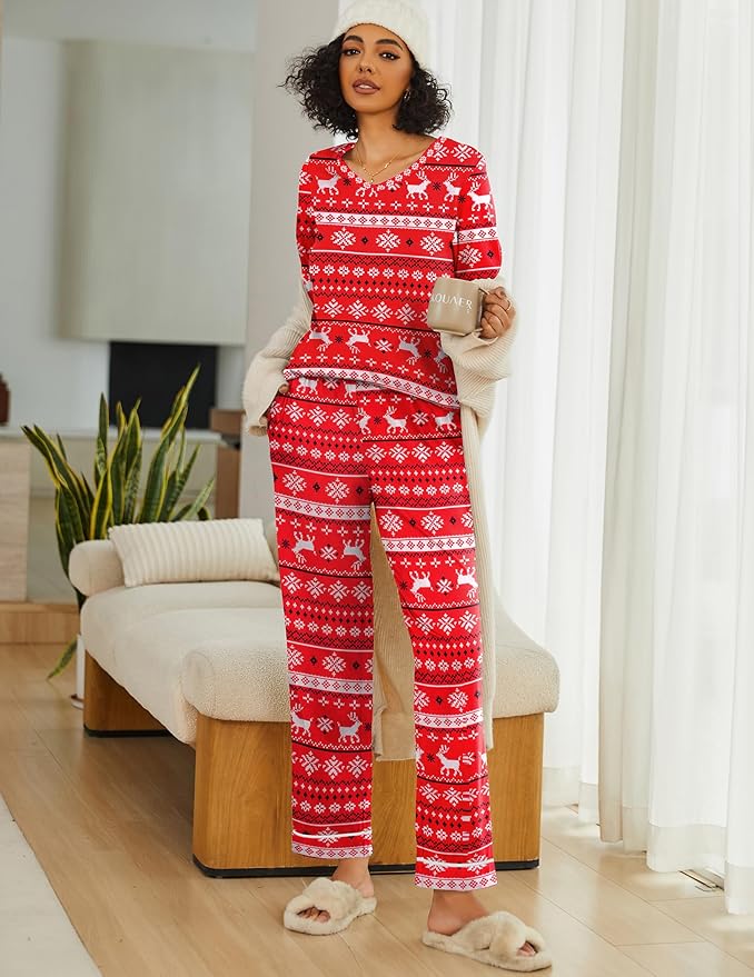 Ekouaer Womens 2 Pack Pajama Set Long Sleeve Pajamas Top and Pants V Neck Pjs Set Soft Loungewear with Pockets